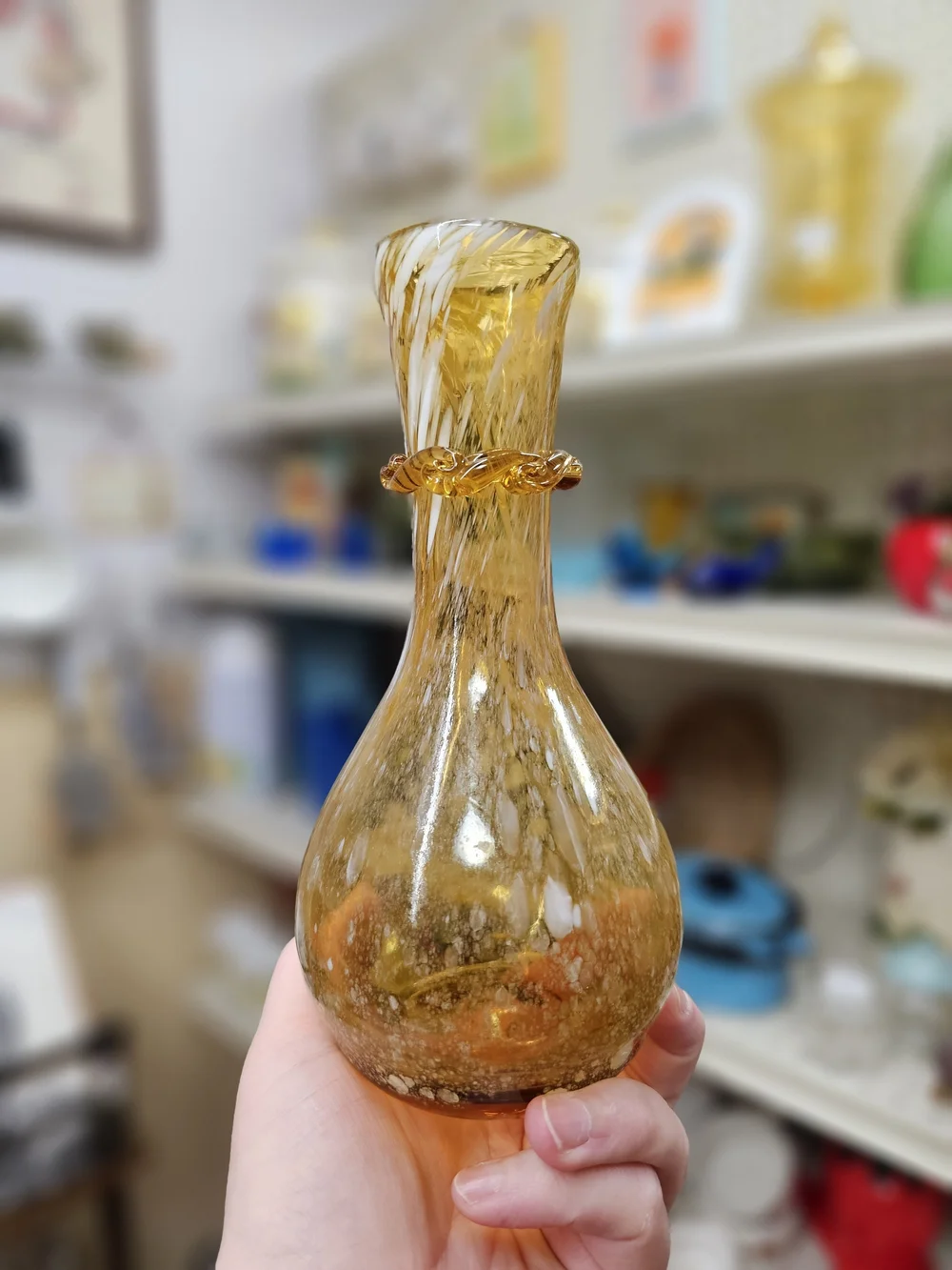Vintage 70s Amber White Spatter Art Glass Bud Vase with Applied Rigaree